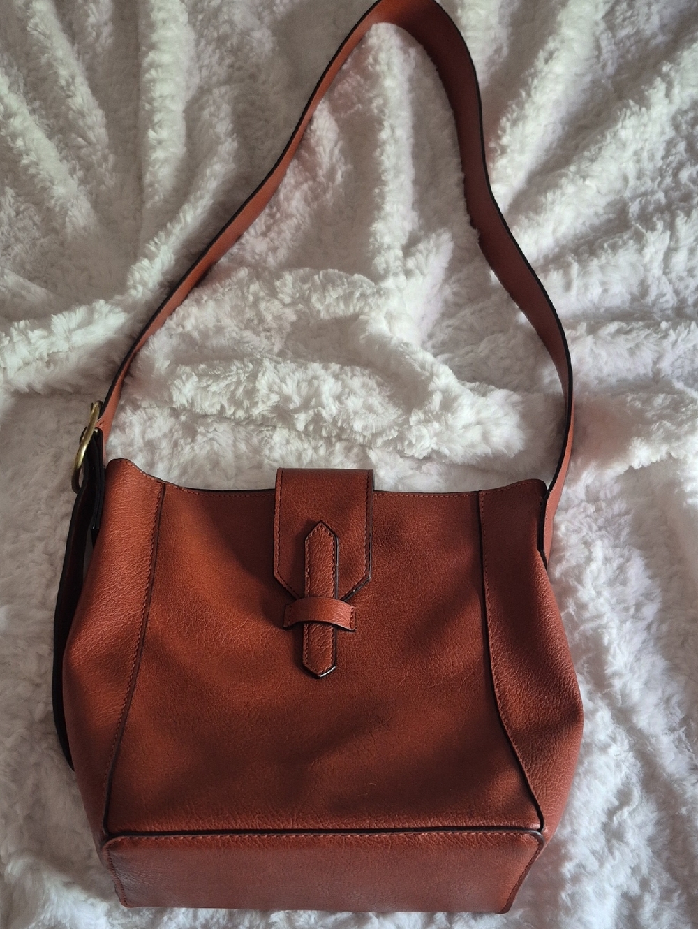 Brown Vegan Leather Shoulder Bucket Bag